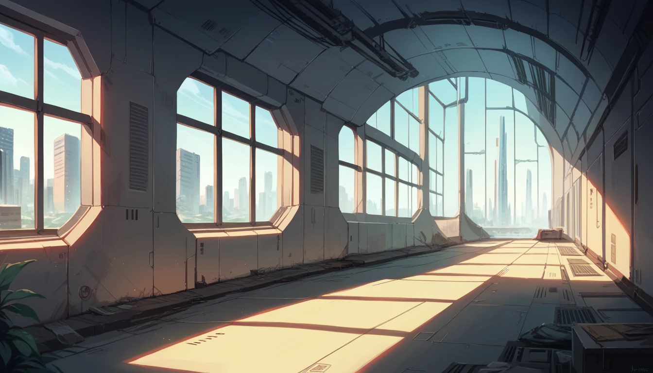  ( scenery empty spaceship room, window, futuristic city, detailed)