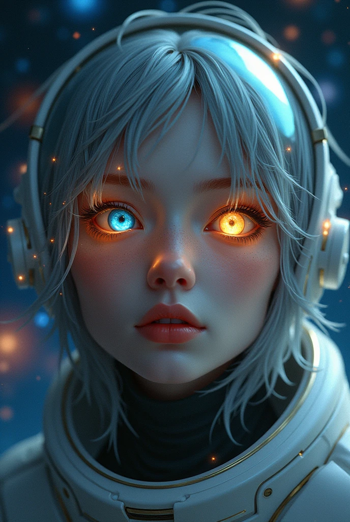 (Close-up of a better masterpiece:1.5)0.9], (Space and astronauts:1.2) (Messy silver hair:1.1) (Heterochromia xanthochromia and blue eyes:1.2) (Space Helmet:1.0) (Colored stars in the eyes:1.0) (A radiant glow:1.1) (thick lips:0.9)