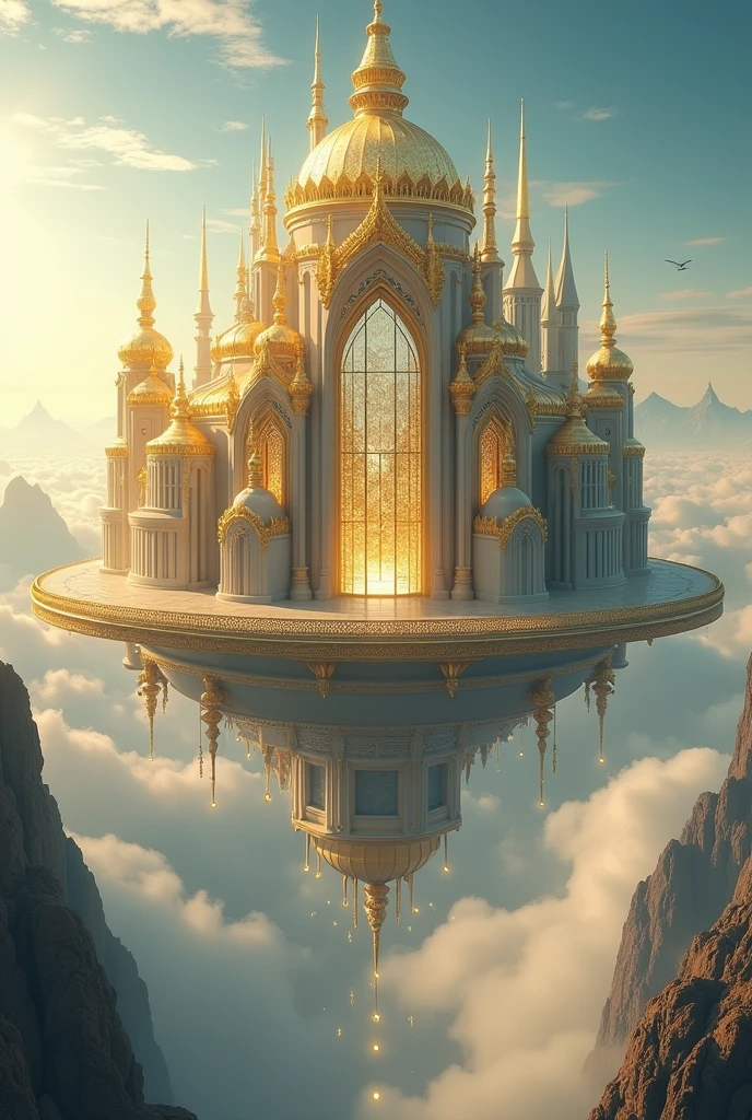 Generates a kingdom in the sky of gold with glass windows 2 meters high, 15 meters wide and two main doors and in the background you can see a huge castle like a real photo
