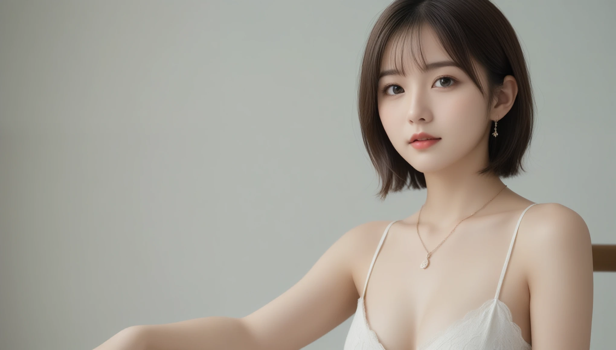 8k, Ultra-high resolution, Highest quality, masterpiece, 三分割法によるphotograph,Surreal, photograph, 1 Girl, (:1.3), pretty girl, Cute Face, 細部までBeautiful Eyes, 細かくdetailedに,masterpiece,One Girl:1.2,Japanese female announcer,cowboy shot,Serious expression,Black short hair,Short ponytail,Super Beautiful Girl 4,((1 girl:1.4)),Shine, Natural skin texture、(Stylish clothes:1.4)、(Sexy Costumes:1.4)、(Beautiful breastsを強調する衣装:1.4)、Attractive girl、16 years oldmale body:1.4)、(女の子のポートレートphotograph:1.4Photorealistic images:1.4),Fantasy art,(Beautiful Face:1.4)、Beautiful breasts,Beautiful and attractive eyes、Beautiful Eyes、(Tight waist:1.4)、(9 Beautiful girls with perfect body proportions:1.4),Red lips,(choker:1.4、necklace:1.4、Earrings:1.4),Looking at the audience,(((Ideal body type))),A-cup small breasts :2,、Portraiture:2、Perfect Anatomy、鮮明なdetailed、detailed,Fashion magazine cover,Thin lips,Gray background ,完璧でBeautiful Face ,完璧でCute Face, Skin with attention to detail, Perfect limbs、Narrow waist,Looking at the audience,(((Ideal body type))),A cup small breasts :2,Portraiture:2,Perfect Anatomy,鮮明なdetailed,detailed,Surreal,Light and shadow,spotlight