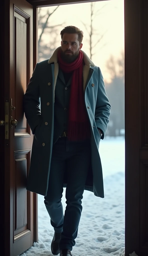 A 21-year-old young rich man with a small beard and big mustache wearing a very lush bluish pent coat and a red muffler, coming out of the mansion door in the morning light, looking frantic and worried. The snow-covered ground is bright with morning light, arieal view from inside the mansion door view showing young man moving on the straight track outside the mansion ,showing the passage of time from night to day.