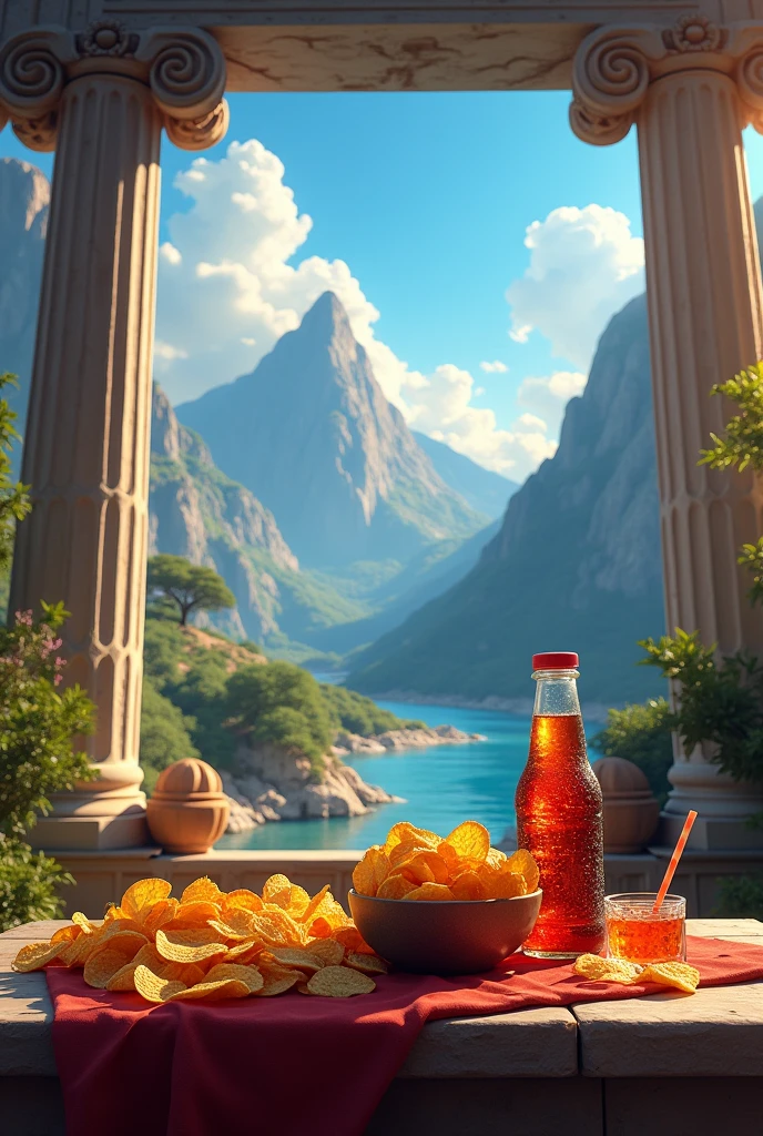 image for computer wallpaper with the theme of Mount Olympus and a table with snacks and chips and soda on the theme of Greek mythology