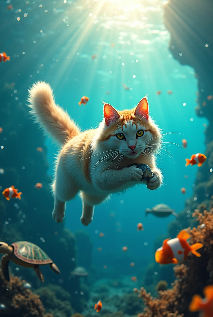 cat diving in tropical waters with clown fishes and marine turtles, totally wet, wet hair, fish in its jaws, millions of small air bubbles, sun rays filtering through clear waters