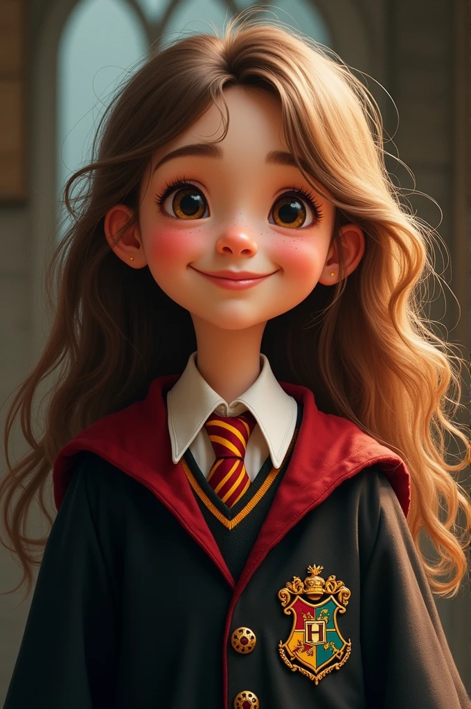 Pretty, happy young girl with brown hair in Harry Potter robe