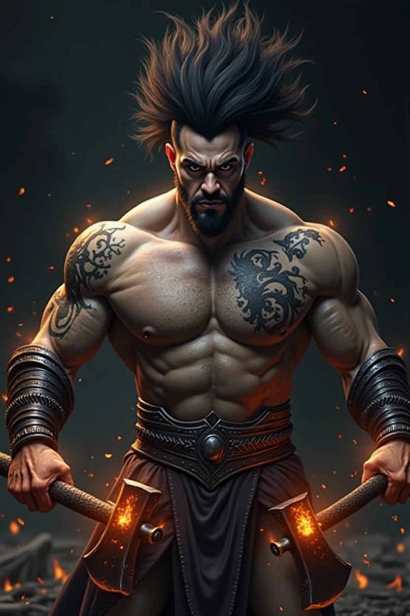 "Desenhe Thoran Firebrand, an imposing and fierce warrior. He's muscular and robust, exuding an intimidating presence. Thoran holds a heavy battle axe, with blades that seem to glow with heat. His body is marked by scars from past battles, and he channels the red element, representing fire, that envelops his hands and the axe in intense flames. His expression is one of fierce determination, as he prepares to incinerate his enemies with a powerful blow. The armor he wears is dark and tough, with details reminiscent of burning embers. The background should suggest a battlefield or a fire-ravaged landscape., further highlighting Thoran's destructive power."
