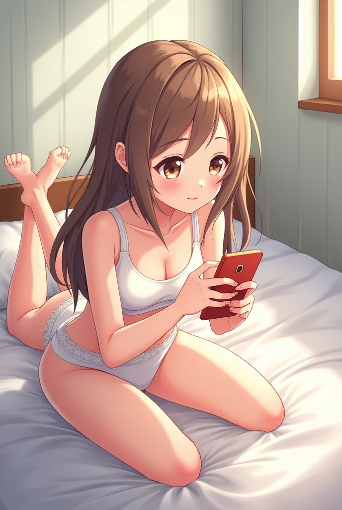 (masterpiece, best quality:1.2), perfect anime illustration of 1girl lying on bed, on stomach, watching smartphone, white panties, white crop top, bedroom, morning, sunlight, best shadows, best lighting, absurdres, trending on artstation