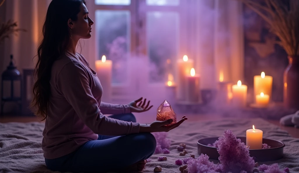 woman meditates with smoky quartz in her hand, candles and lots of incense and smudging. Bright environment filled with smoky quartz in violet tones