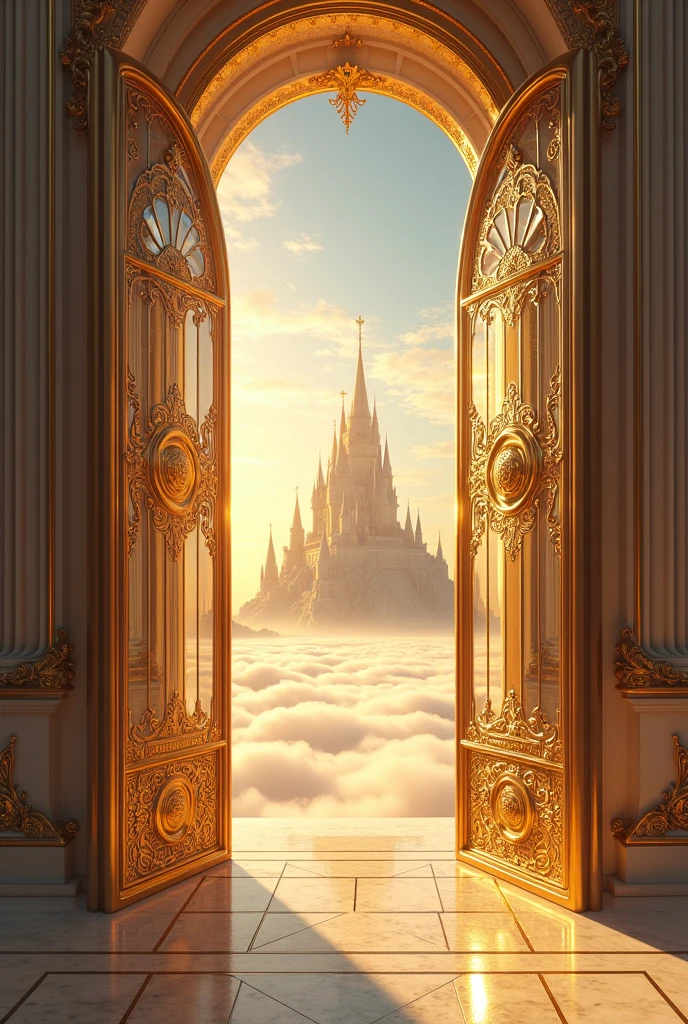 Generates a kingdom in the sky of gold with glass windows 2 meters high, 15 meters wide and two main doors and in the background you can see a huge castle like a real photo 
