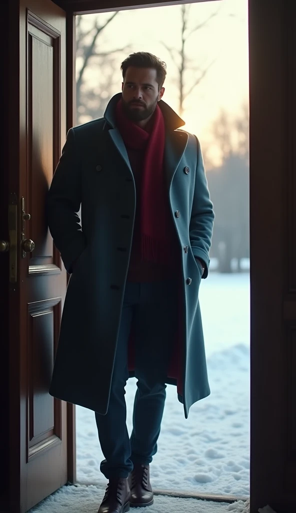 A 21-year-old young rich man with a small beard and big mustache wearing a very lush bluish pent coat and a red muffler, coming out of the mansion door in the morning light, looking frantic and worried. The snow-covered ground is bright with morning light, arieal view from inside the mansion door view showing young man moving away on the straight track outside the mansion ,showing the passage of time from night to day.