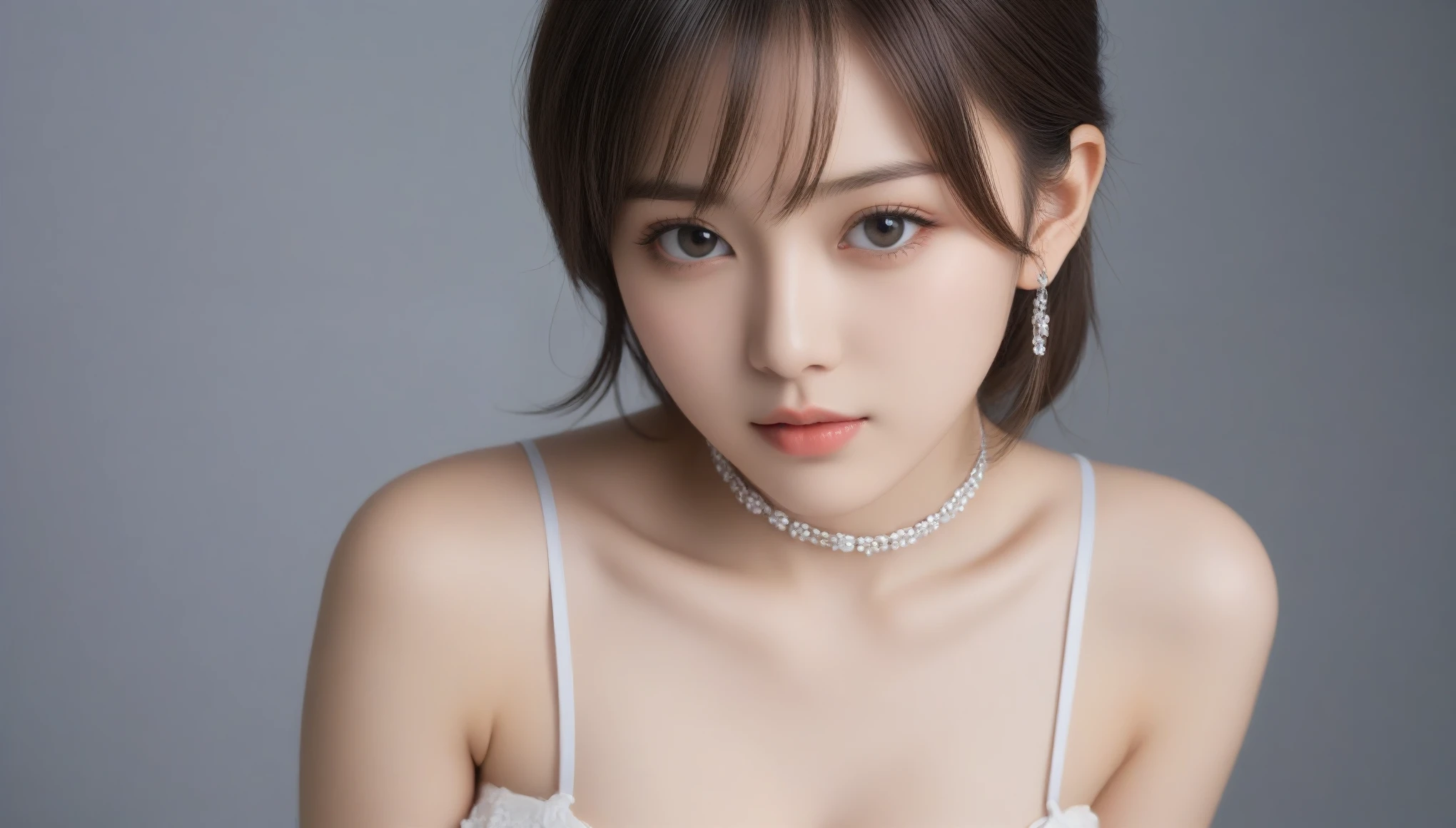 8k, Ultra-high resolution, Highest quality, masterpiece, 三分割法によるphotograph,Surreal, photograph, 1 Girl, (16 years old:1.3), pretty girl, Cute Face, 細部までBeautiful Eyes, 細かくdetailedに,masterpiece,One Girl:1.2,Japanese female announcer,extream close up,blank expression,Black Hair,Side undercut,Super Beautiful Girl 4,((1 girl:1.4)),Shine, Natural skin texture、(Stylish clothes:1.4)、(Sexy Costumes:1.4)、(Beautiful breastsを強調する衣装:1.4)、Attractive girl、16 years old、(Perfect female body:1.4)、(女の子のポートレートphotograph:1.4)、(Photorealistic images:1.4),Fantasy art,(Beautiful Face:1.4)、Beautiful breasts,Beautiful and attractive eyes、Beautiful Eyes、(Tight waist:1.4)、(9 Beautiful girls with perfect body proportions:1.4),Red lips,(choker:1.4、necklace:1.4、Earrings:1.4),Looking at the audience,(((Ideal body type))),A-cup small breasts :2,、Portraiture:2、Perfect Anatomy、鮮明なdetailed、detailed,Fashion magazine cover,Thin lips,Gray background ,完璧でBeautiful Face ,完璧でCute Face, Skin with attention to detail, Perfect limbs、Narrow waist,Looking at the audience,(((Ideal body type))),A cup small breasts :2,Portraiture:2,Perfect Anatomy,鮮明なdetailed,detailed,Surreal,Light and shadow,spotlight