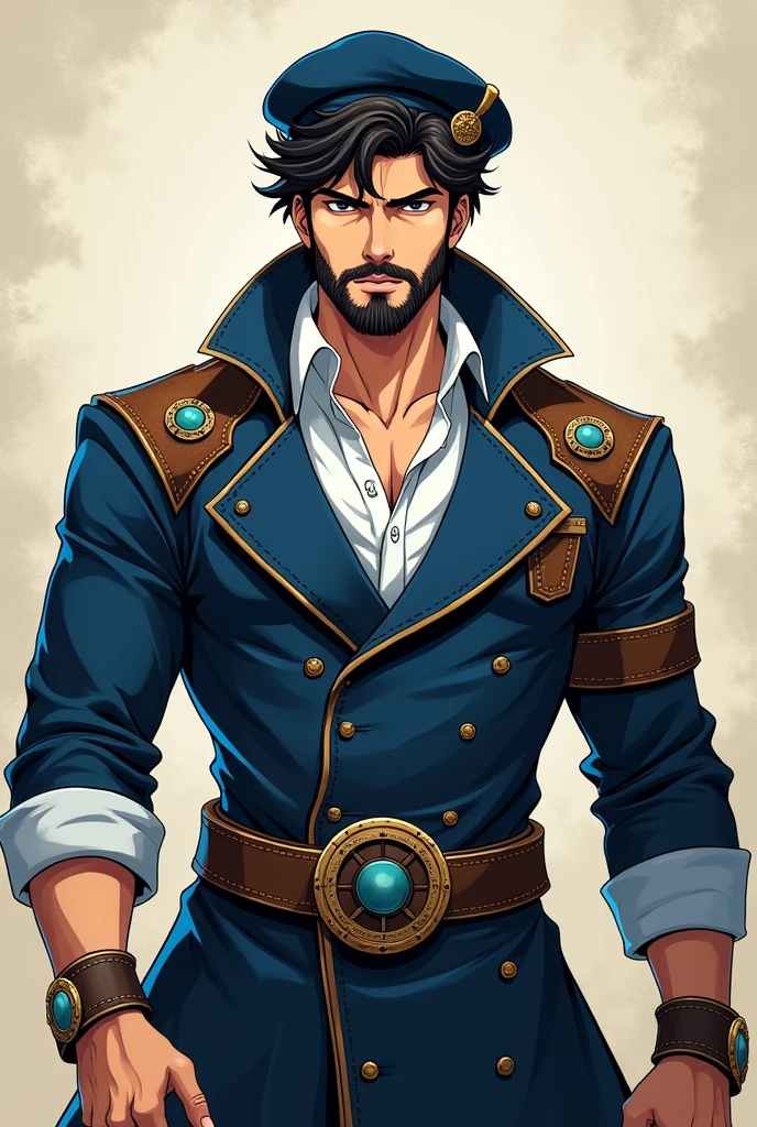 A young man with black hair and beard, white  shirt , dark blue overcoat, blue and black beret, blue chest and shoulder pads. In steampunk anime style 