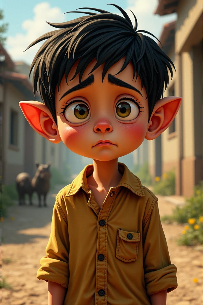 Make a Disney style art, the title will be GUILHERME THE BOY FROM ROSSA, on top there will be a malnourished child with yellow eyes, big ears, big nose, shadow, big eyebrows and in the background you will see him in rossa and two pigs. 