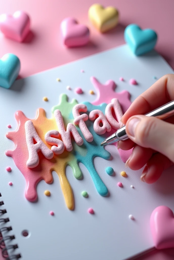 A captivating photo-realistic 4D render that showcases the essence of artistic expression and imaginative design. 
A talented artist passionately crafts the word "Ashfaq" with a magical pen, seamlessly transitioning through the entire pastel rainbow color spectrum. 
The word is rounded to give the impression they are soft and squishy, like marshmallow.
The word creation bursts into a dazzling display of creativity, highlighting the artist's unparalleled expertise, with coloured liquid drops dripping and splashing around the words. 
The artist's hand is realistically depicted in photo-realism, emphasizing their skill and experience. 
The background features a 3D sketchbook adorned with pastel rainbow-colored hearts in puffy, squidgey shapes, adding depth and dimension to the scene. 
This vibrant, mesmerizing 4K digital masterpiece, perfect for a WhatsApp DP or poster, truly embodies the essence of artistic expression and imaginative design., 3d render, photo