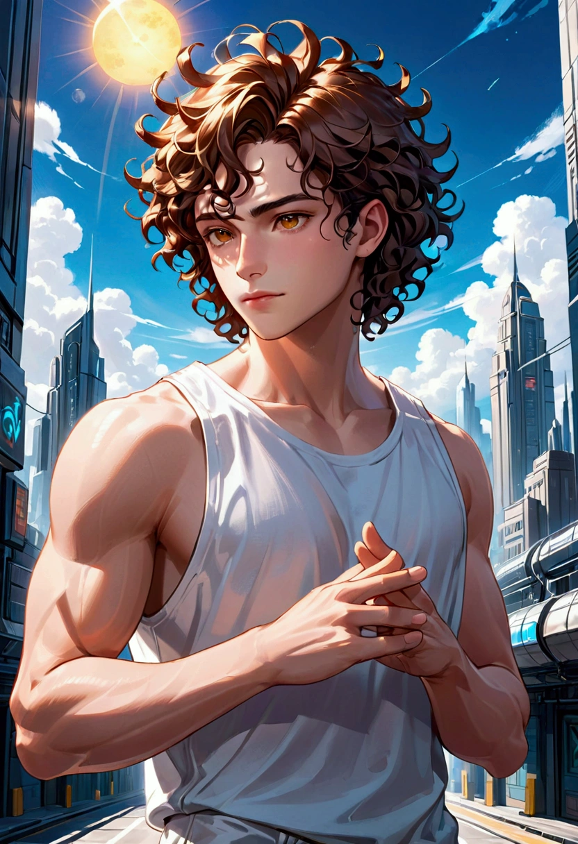 Make a character with curly hair, male, brown eyes, well-drawn and structured hands, full lips, relaxed style eyes, sun-kissed skin, wearing a white tank top, cyberpunk scenary, dark blue sky, WizardLM-2 8x22B style art, realism art, smooth art, smooth art