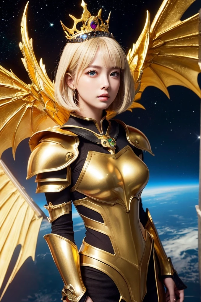 Ultra HD、Ultra-clear、Beautiful Face、Covered entirely in golden armor、Holy warrior in golden armor、Mechanical Golden Wings、Golden Tiara、Golden armor covered in sculptures、Dragon-inspired armor、Heavy golden armor、Green Eyes、Blonde Bob Cut Hair、Big Breasts、beautiful sword、Outer space background、
