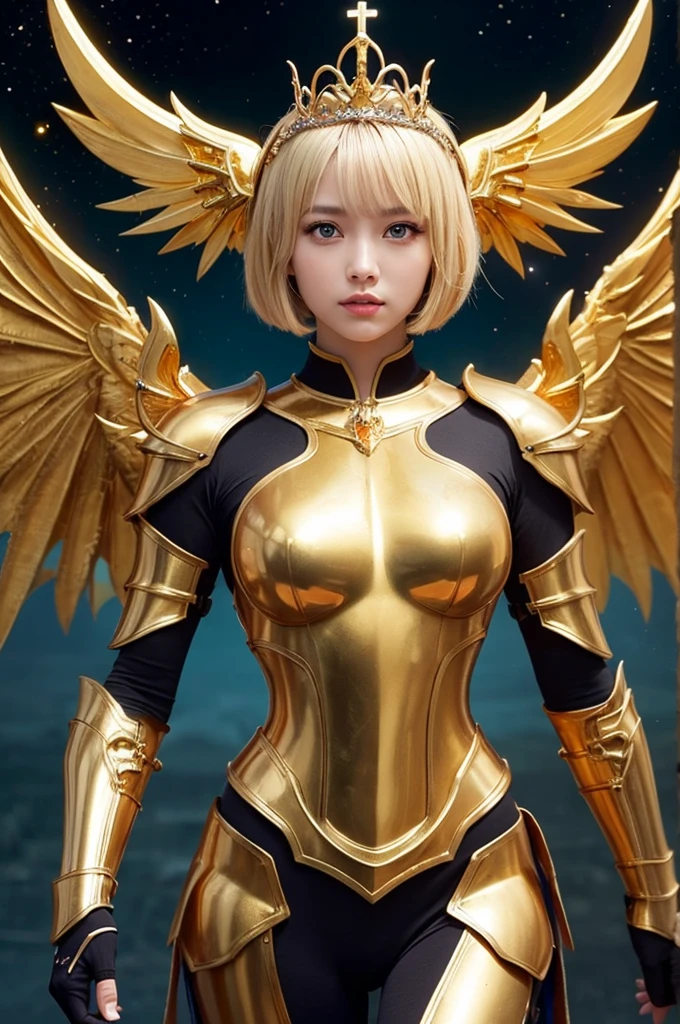 Ultra HD、Ultra-clear、Beautiful Face、Covered entirely in golden armor、Holy warrior in golden armor、Mechanical Golden Wings、Golden Tiara、Golden armor covered in sculptures、Dragon-inspired armor、Heavy golden armor、Green Eyes、Blonde Bob Cut Hair、Big Breasts、beautiful sword、Outer space background、