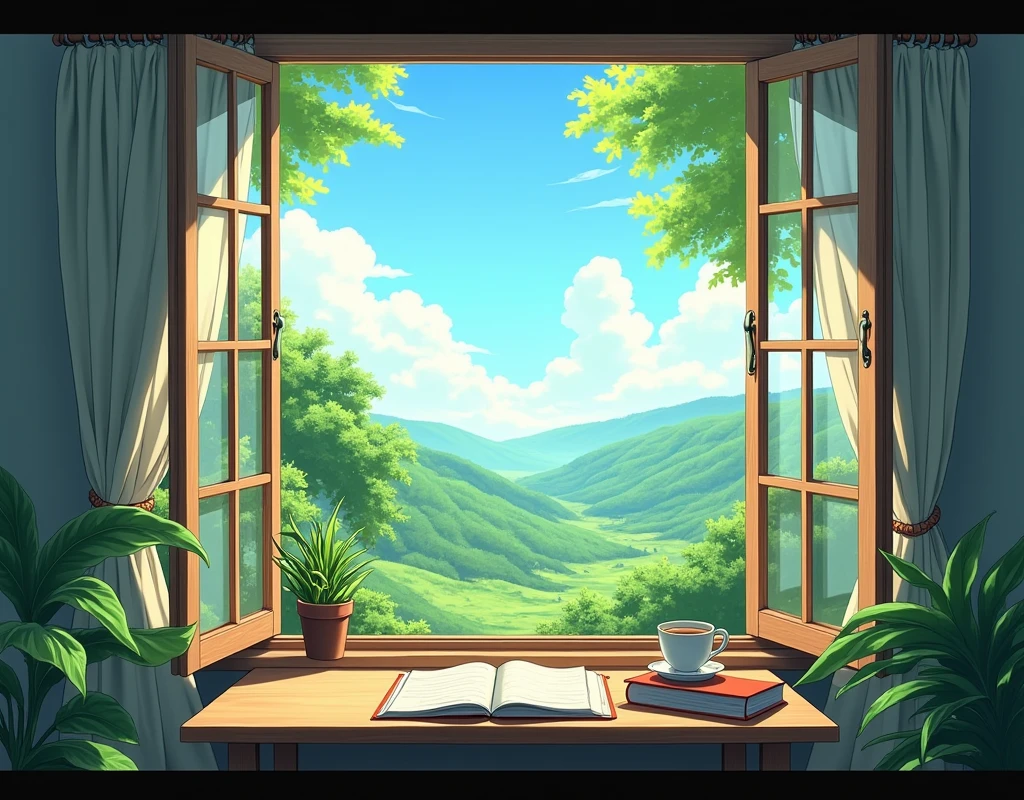 image horizontally, 1500 for 800, Open window with a beautiful nature landscape, with trees and plants, leaning against the window there is a table with a notebook, books and a cup of tea, around the window there are curtains and plants in anime style
