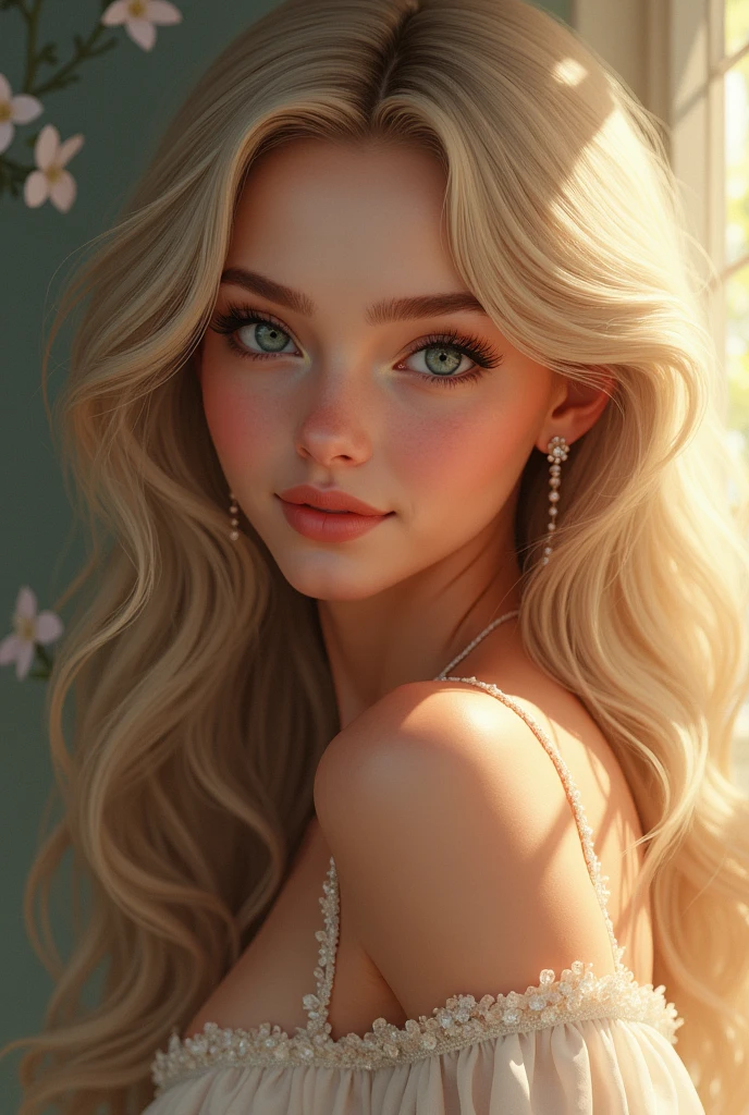 The image must be realistic Face: Your face is a perfect harmony of symmetry and delicate features.. The cheekbones are gently raised, with flawless, luminous skin that seems to radiate a natural light.
eyeballs: Your eyes are big and expressive, with irises of a deep, vibrant color, like a sky blue or emerald green. They have a captivating glow and a gaze that conveys warmth and kindness..
eyebrows and eyelashes: Eyebrows are well defined and naturally arched, complementing the serene expression on his face. The eyelashes are long and curved, further accentuating your eyes.
nose and lips: Your nose is delicate and perfectly proportioned to the rest of your face., with a slight curve that adds elegance. Your lips are full and well contoured, with a smile that is both soft and contagious.
body hair: The hair is long and flowing, falling in silky waves that shine with a natural tone, like a golden brown or a platinum blonde. It is well maintained and reflects light beautifully..
Style and Clothing:
badass clothing: She wears a dress that is the perfect combination of elegance and simplicity., made from a light, flowing fabric that highlights your natural grace. The colors are soft and harmonious, complementing your skin and hair.
Accessories: The accessories are discreet and refined, like a delicate necklace and small earrings that add a touch of sophistication without distracting from your natural beauty.
stance e expression:
stance: She has an upright and graceful posture, with a confident and calm presence. Your gestures are soft and natural, conveying a sense of calm and elegance.
expression: Her expression is serene and gentle, with a smile that lights up your face and exudes a feeling of warmth and friendliness.
especial effects:
Lighting: The light that surrounds it is soft and diffuse, creating a natural glow and enhancing your features with an almost ethereal effect.
enviroment: She is in a setting that complements her beauty., like a flower garden or