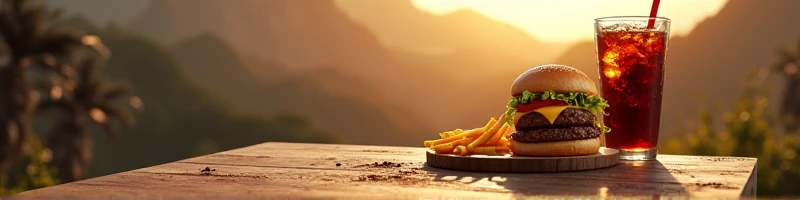 image for computer wallpaper with the theme of Mount Olympus and a table with burger and fries snacks and soda in the theme of Greek mythology