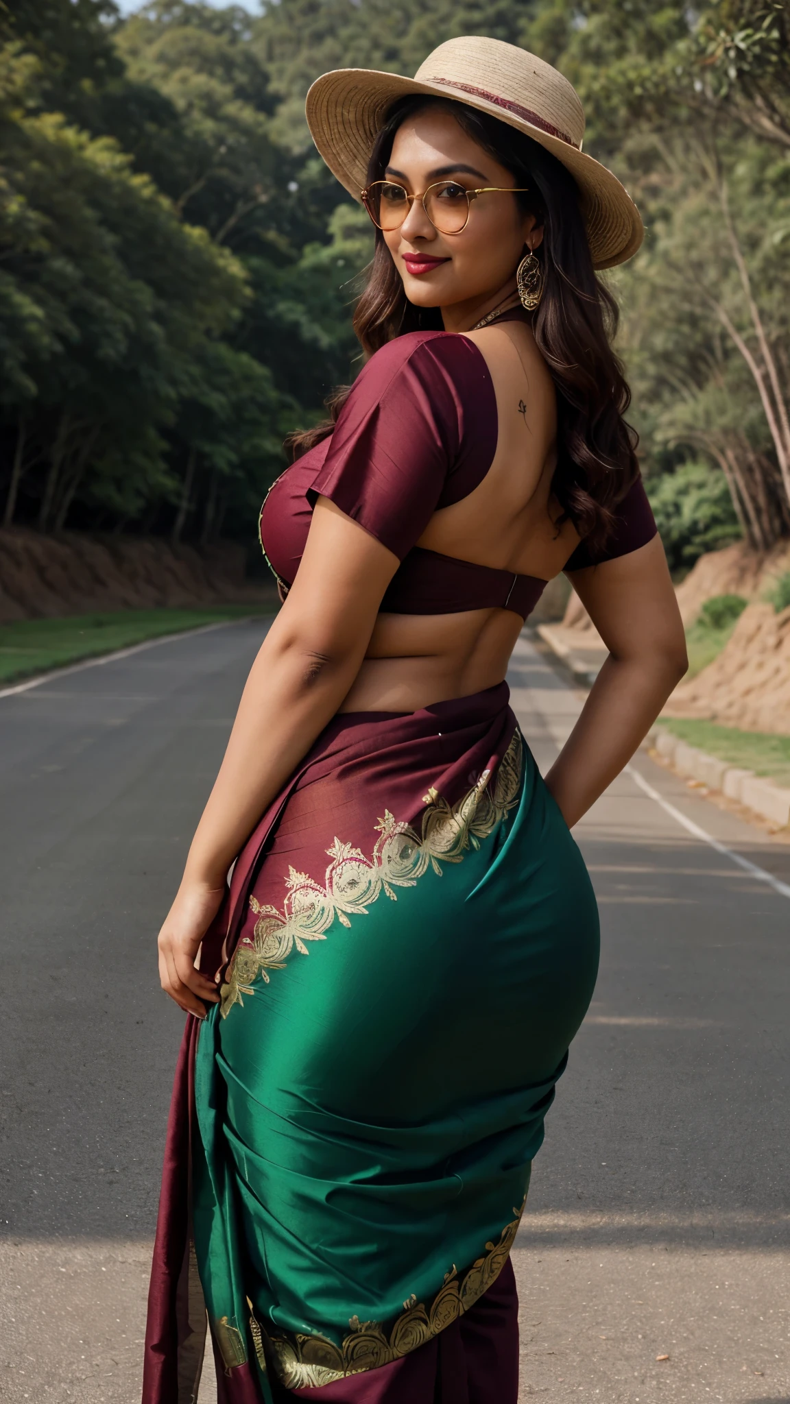 long shot photo of indian medium brown indian skin tone milf, chubby  fat cute round beautiful face big nose , round eyes,  stylish pose, dark red lipstick, round blue eyes,  huge breast, huge ass, hour glass figure, smile, glorious gorgeous face, curvy, hourglass figure, swooping breasts, wearing cooling glass shades and round stylish hat, standing in road, centric shot, background beautiful green valley,  wearing dark maroon sexy saree dress with golden embroidery,  sultry, s curve hairs, (cinematic:1.3), intricate details, (ArtStation:1.2)