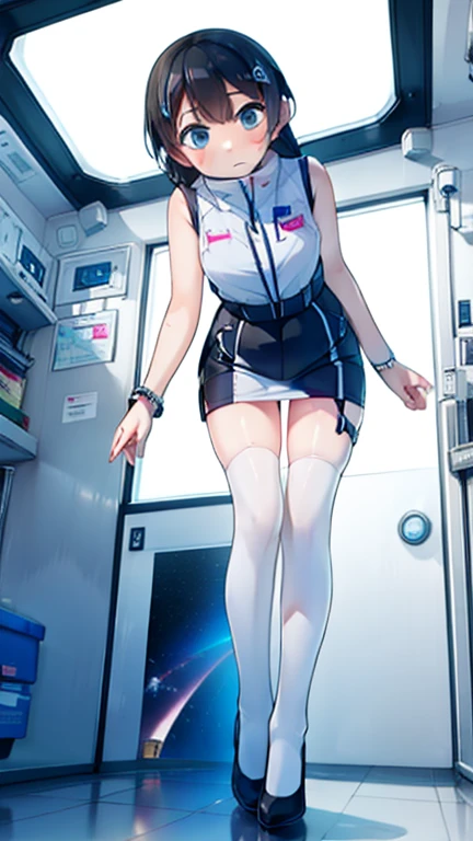 (Highest quality), (masterpiece), 1080P, High resolution, 4K, 8k, Inside the space station、Futuristic room、Thigh straps, Shooting from directly below, The woman on top of me, 白いSweat, Covered , Sweat, Woman looking down, Skirt swimsuit, Thigh-high socks, To achieve this, 16 years old, , whole body, Black leather shoes, Braided hair, Inner Color, Embarrassed face, Short black hair, bracelet, Bedroom,celestial body_Vest