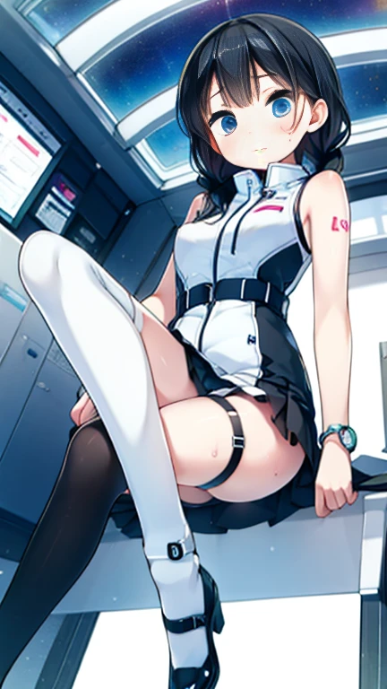 (Highest quality), (masterpiece), 1080P, High resolution, 4K, 8k, Inside the space station、Futuristic room、Thigh straps, Shooting from directly below, The woman on top of me, 白いSweat, Covered , Sweat, Woman looking down, Skirt swimsuit, Thigh-high socks, To achieve this, , , whole body, Black leather shoes, Braided hair, Inner Color, Embarrassed face, Short black hair, bracelet, Bedroom,celestial body_Vest