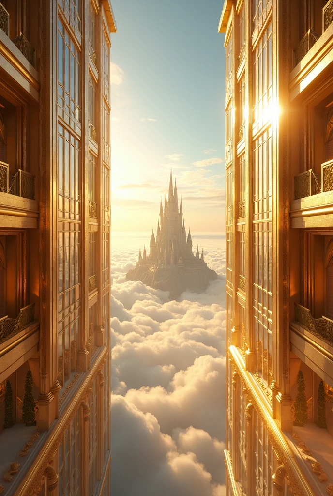 Generates a kingdom in the sky of gold with glass windows 2 meters high and 15 meters wide and in the background you can see a huge castle like a real photo 