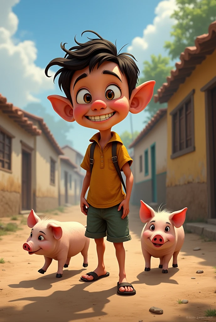 Make a Disney style art, the title will be GUILHERME THE BOY FROM ROSSA, on top there will be a malnourished child with yellow teeth smiling, big ears, big nose, shadow, big eyebrows and in the background you will see him in rossa and two pigs. 