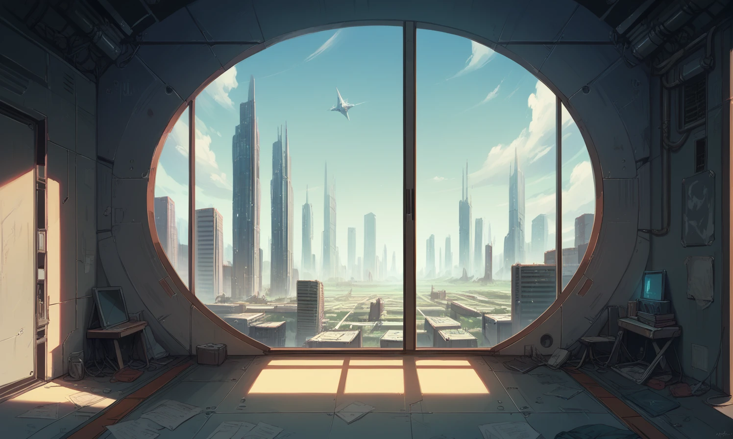  ( scenery empty spaceship room, window, futuristic city, detailed)