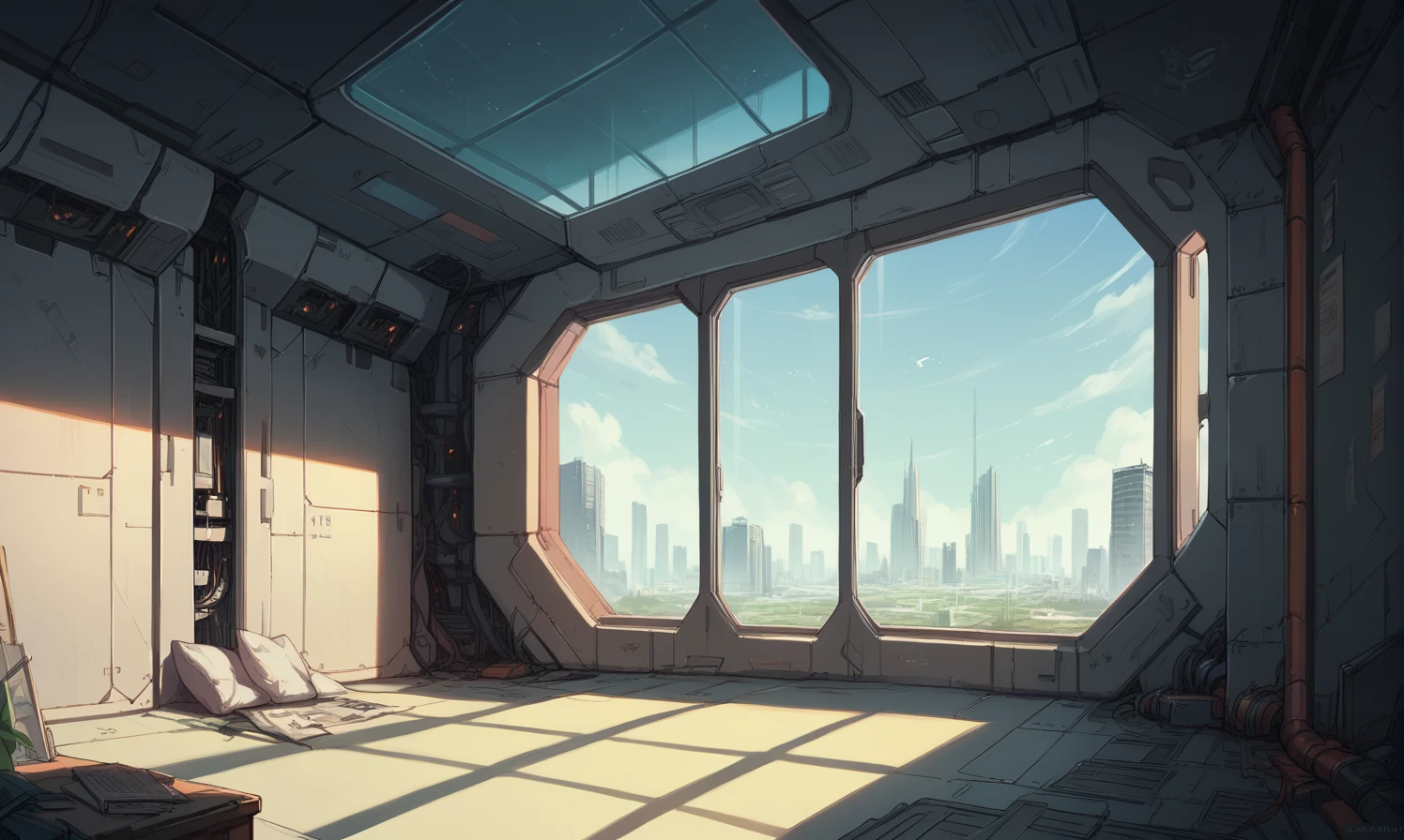 ( scenery empty spaceship room, window, futuristic city, detailed)