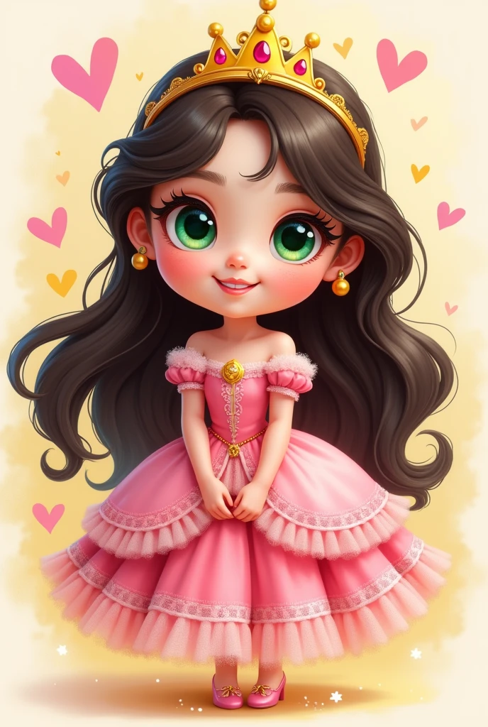 , princess, pink, yellow, long hair, dark brown hair, green eyes, lace dress, pink dress, cartoon style, high quality, kawaii style, chibi style