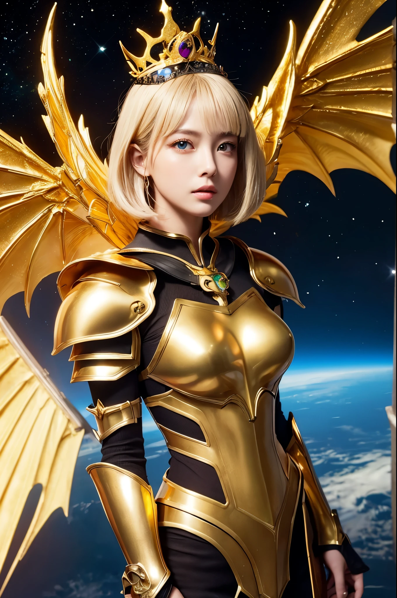 Ultra HD、Ultra-clear、Beautiful Face、Covered entirely in golden armor、Holy warrior in golden armor、Mechanical Golden Wings、Golden Tiara、Golden armor covered in sculptures、Dragon-inspired armor、Heavy golden armor、Green Eyes、Blonde Bob Cut Hair、Big Breasts、beautiful sword、Outer space background、