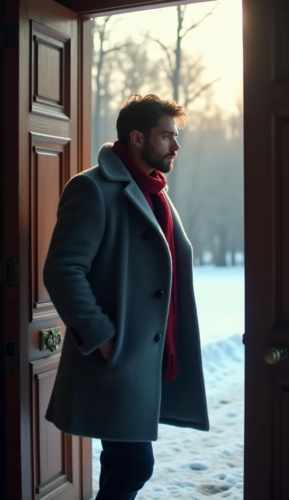 A 21-year-old young rich man with a small beard and big mustache wearing a very lush bluish pent coat and a red muffler, coming out of the mansion door in the morning light, looking frantic and worried. The snow-covered ground is bright with morning light, aerial view from inside the mansion door shows a young man from backside moving away on the straight track outside the mansion ,showing the passage of time from night to day.