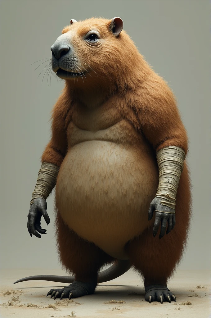 A humanoid capybara with both arms broken.
