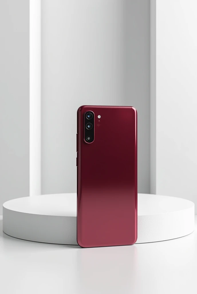 A wine-colored cellphone with a vertical camera that is identical to the previous one and is standing upright in a vertical position. It is resting on a white table, with no pears around.