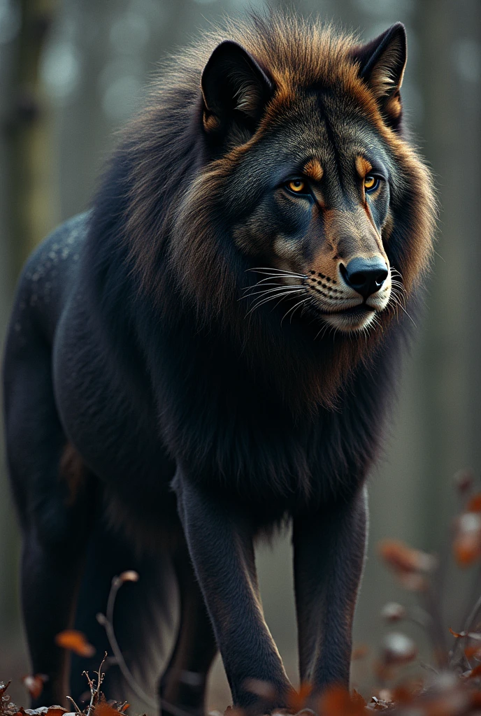 fusion of a black wolf , with a lion . with a black panther and a leopard 