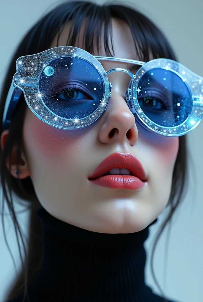 The model is wearing glass sunglasses with stars and the moon on the glass