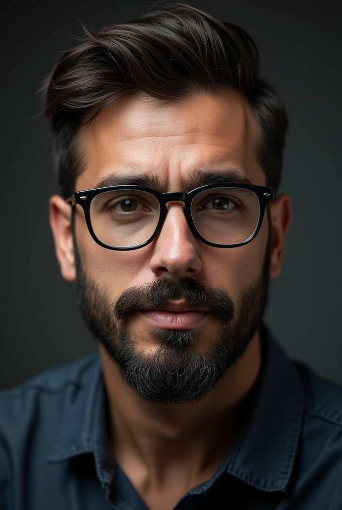 man with small beard with mustache and wears glasses with dark color