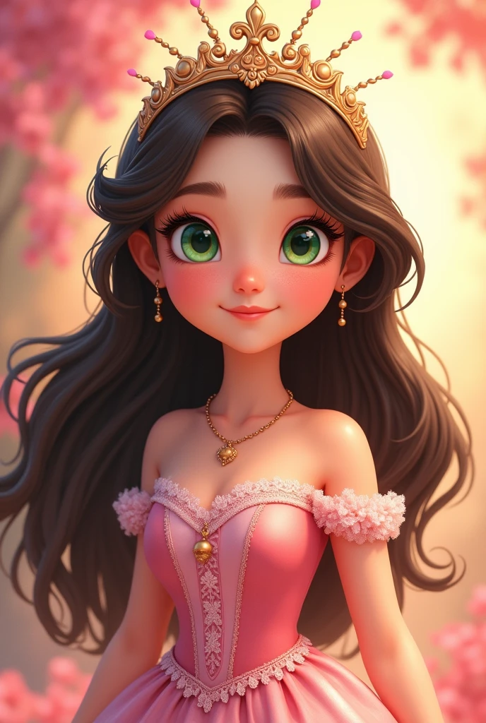 , princess, princess crown, pink, yellow, long hair, dark brown hair, green eyes, lace dress, pink dress, cartoon style, high quality, kawaii style, chibi style