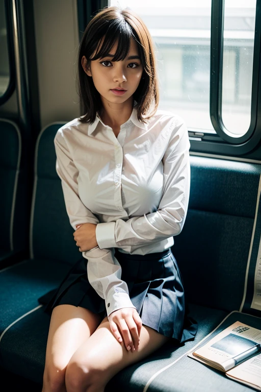 masterpiece, High resolution, Ultra High resolution, 4K, Black Hair, Japanese Girls, Uniform skirt, Accentuate your thighs, White thighs, Soft thighs, Shiny thighs, Sitting on a train, Facing angle, Angle from below, Sitting on a train Seat, Sit in front, Zoom camera to hip joint, Put your feet on the train floor, whole body, Looking down and sleepy, Only watching the audience, Highest quality, Ultra High resolution, Realistic, High resolution, detailed, RAW Photos, sharp, Nikon Film Pictures, Images and Stock Photos, Rich lens color, Ultra-realistic and realistic texture, Dramatic lighting, Unreal Engine,