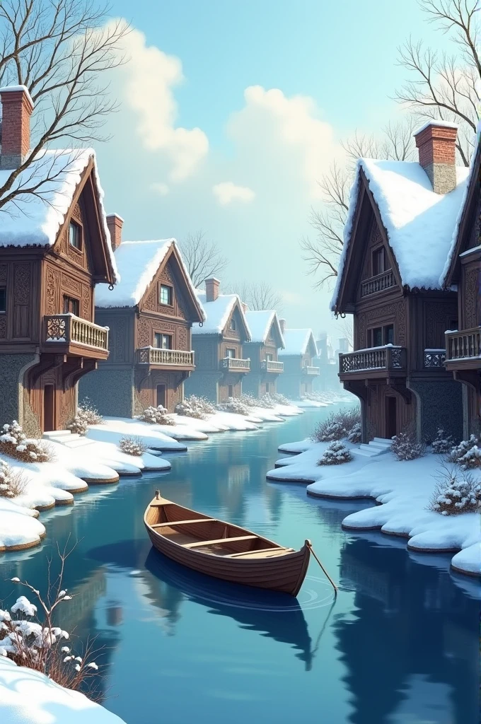Background with winter river with boat in the middle, foreground, in the background there are carved houses like in ancient Rus' with people on the balconies