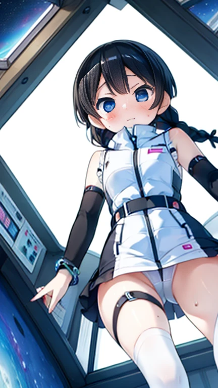 (Highest quality), (masterpiece), 1080P, High resolution, 4K, 8k, Inside the space station、Futuristic room、Thigh straps, Shooting from directly below, The woman on top of me, 白いSweat, Covered , Sweat, Woman looking down, Skirt swimsuit, Thigh-high socks, To achieve this, , , whole body, Black leather shoes, Braided hair, Inner Color, Embarrassed face, Short black hair, bracelet, Bedroom,celestial body_Vest