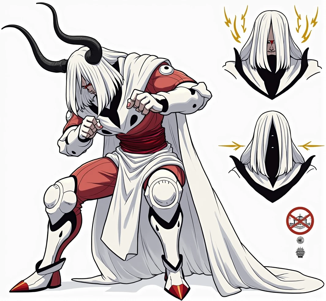Positive characters have no expression,The eyes are covered by a white cloth hanging down,There are two horns on the top of the head,The body is dressed in a white robe and protective gear,White elbow pads on arms,White knee pads on legs,Show a fighting or defensive posture。The side and back views show the figure's outline,You can see the position of elbow pads and knee pads,And you can observe the shape of the character's shoulders and overall structure。Character wearing red belt,There are also red elements on the feet,Contrasts sharply with the overall white。