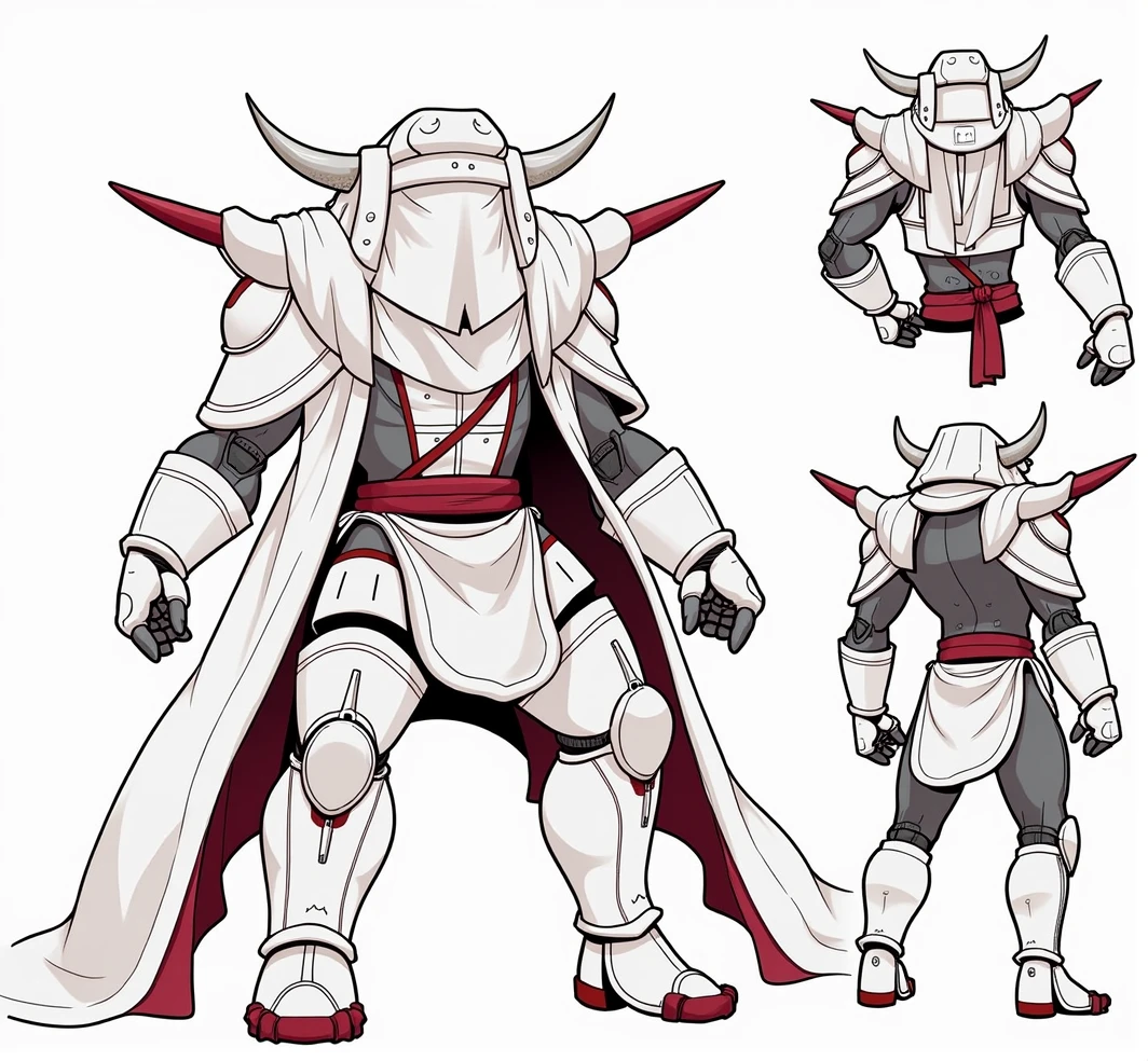 Positive characters have no expression，The eyes are covered by a white cloth hanging down，There are two horns on the top of the head，The body is dressed in a white robe and protective gear，White elbow pads on arms，White knee pads on legs，Show a fighting or defensive posture。The side and back views show the figure&#39;s outline，You can see the position of elbow pads and knee pads，And you can observe the shape of the character&#39;s shoulders and overall structure。Character wearing red belt，There are also red elements on the feet，Contrasts sharply with the overall white。