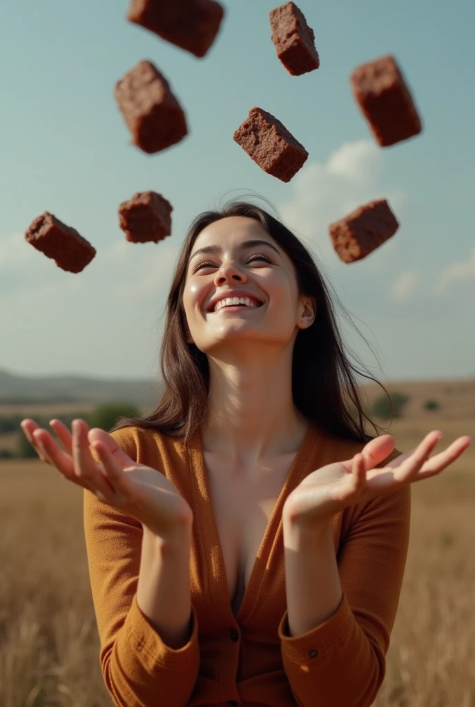 several rough rectangular and porous dark brown candies falling from above, woman looking and smiling with open hands. The Woman must be from the waist up. Landscape image format.
