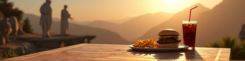 image for computer wallpaper with the theme of Mount Olympus and a table with burger and fries snacks and soda with a straw in the theme of Greek mythology with the Olympian gods in the background