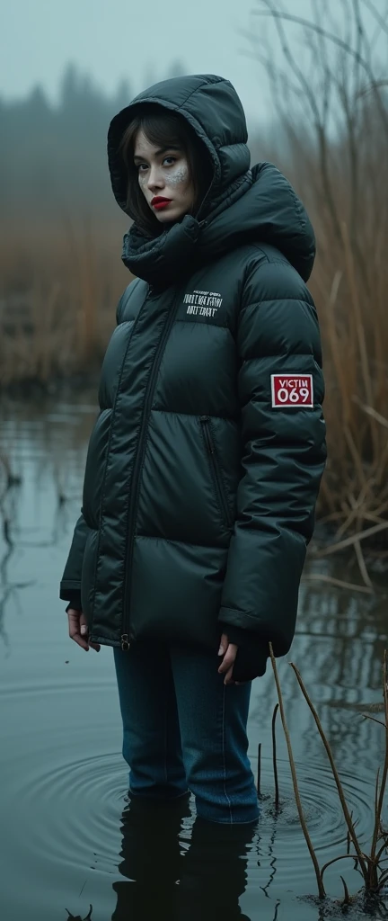 woman, moncler ultra-short sporty down jacket,bib "VICTIM 0069 DO NOT RESCUE", flared jeans, stuck in bog,pale ethnic patterns ritual makeup, warm hat, cold, red lips