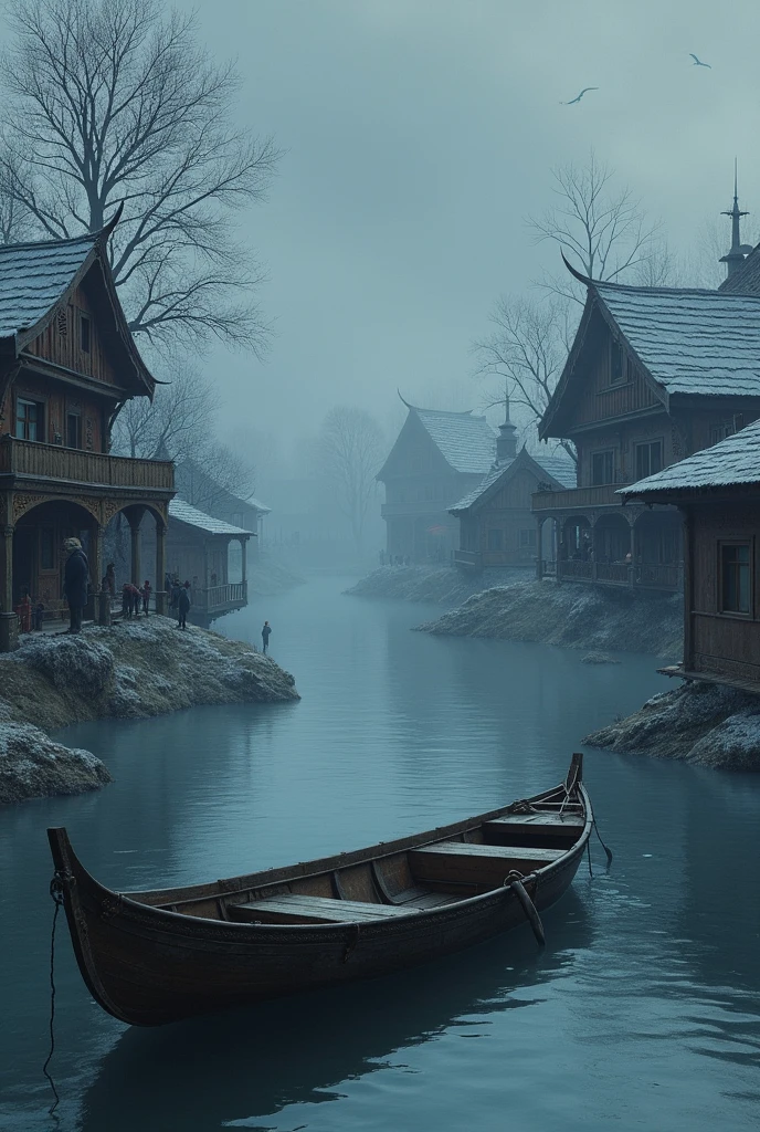 Background with winter river with boat in the middle, foreground, in the background are carved houses like in ancient Rus&#39; with people on balconies with fog and dark sky