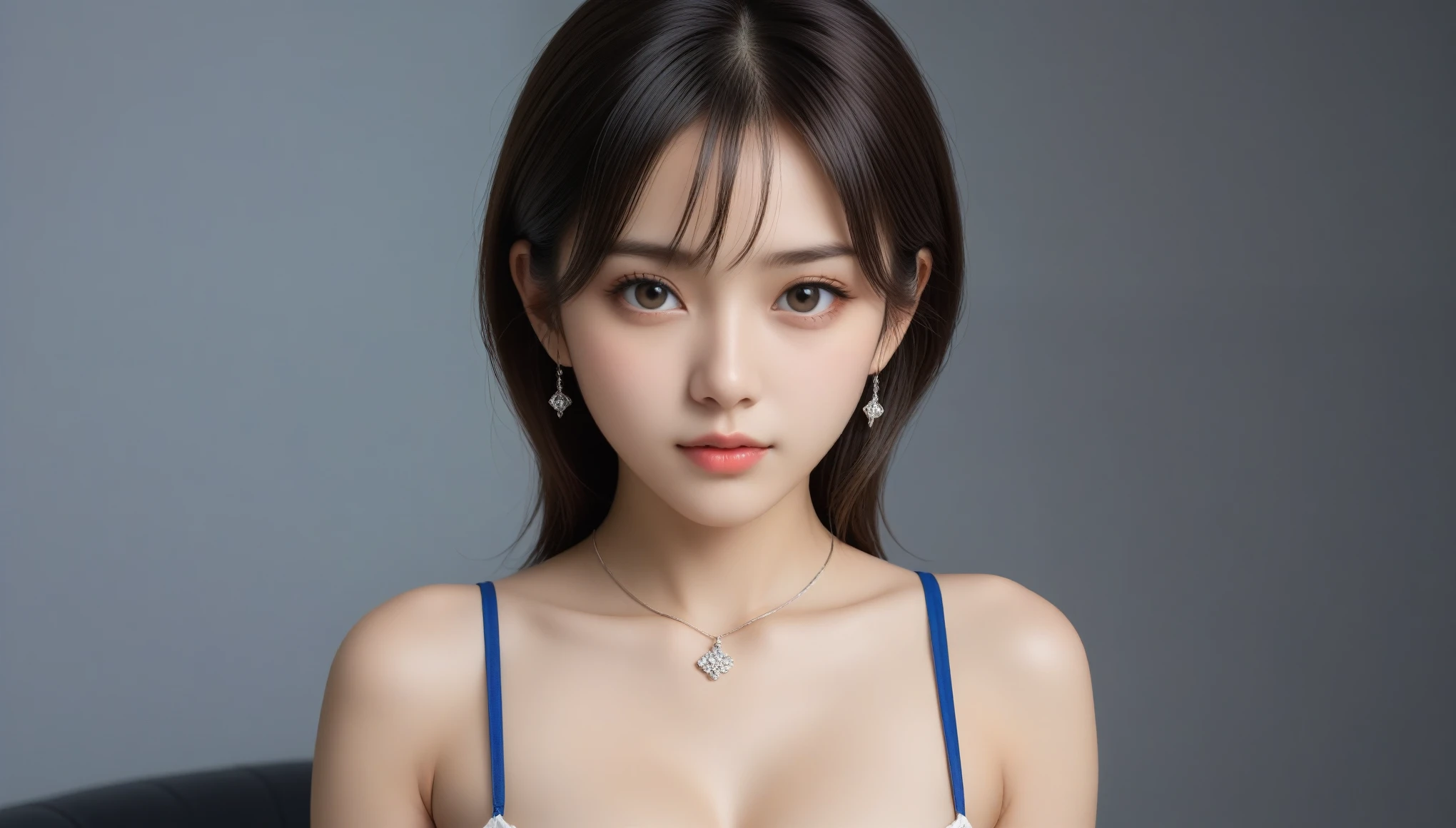 8k, Ultra-high resolution, Highest quality, masterpiece, 三分割法によるphotograph,Surreal, photograph, 1 Girl, (:1.3), pretty girl, Cute Face, 細部までBeautiful Eyes, 細かくdetailedに,masterpiece,One Girl:1.2,Japanese female announcer,extream close up,blank expression,Black Hair,Side undercut,Super Beautiful Girl 4,((1 girl:1.4)),Shine, Natural skin texture、(Stylish clothes:1.4)、(Sexy Costumes:1.4)、(Beautiful breastsを強調する衣装:1.4)、Attractive girl、16 years oldmale body:1.4)、(女の子のポートレートphotograph:1.4Photorealistic images:1.4),Fantasy art,(Beautiful Face:1.4)、Beautiful breasts,Beautiful and attractive eyes、Beautiful Eyes、(Tight waist:1.4)、(9 Beautiful girls with perfect body proportions:1.4),Red lips,(choker:1.4、necklace:1.4、Earrings:1.4),Looking at the audience,(((Ideal body type))),A-cup small breasts :2,、Portraiture:2、Perfect Anatomy、鮮明なdetailed、detailed,Fashion magazine cover,Thin lips,Gray background ,完璧でBeautiful Face ,完璧でCute Face, Skin with attention to detail, Perfect limbs、Narrow waist,Looking at the audience,(((Ideal body type))),A cup small breasts :2,Portraiture:2,Perfect Anatomy,鮮明なdetailed,detailed,Surreal,Light and shadow,spotlight