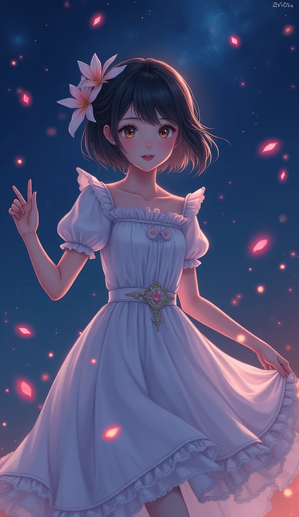 One beautiful girl,Highest quality,masterpiece,detailed,night,One beautiful girl,The scent of flowers drifts,風が囁くnight ,A light seen in the distance,Let yourself be led